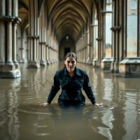a woman in a black utility boilersuit jumpsuit swimming waist deep through a lake of liquid mud in flooded cathedral